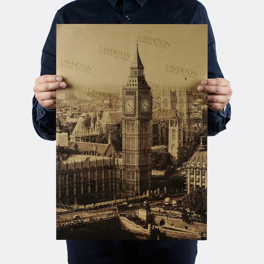 Elizabeth Tower/London Big Ben/знаменитый дизайн вида/крафт бумага/наклейки на стену/Ретро бар