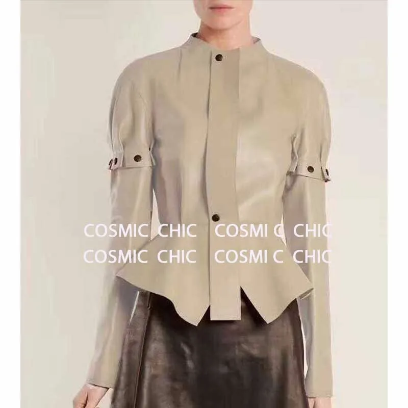 White Cosmicchic Женская куртка из натуральной овчины со стоячим воротником с длинным рукавом, высокое качество, подиумная Элегантная куртка из овчины - Color: White