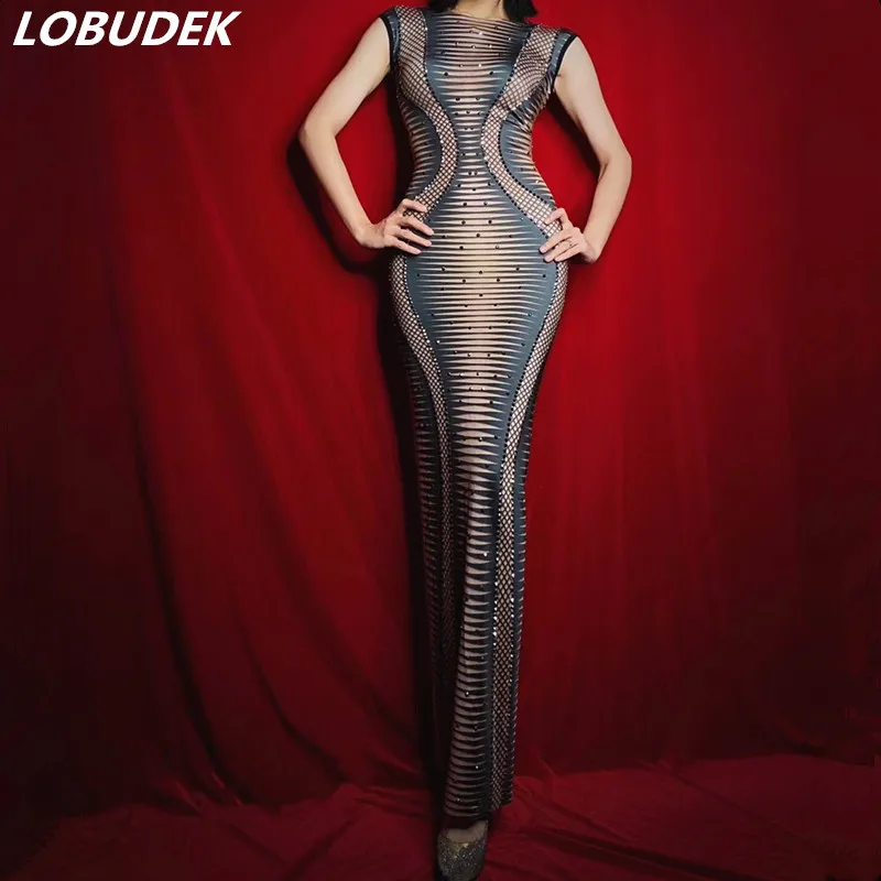 

Stripe Printing Sparkly Rhinestones Long Dress Sexy Stretch Skinny Sleeveless Dress Women's Nightclub Party Performance Costumes