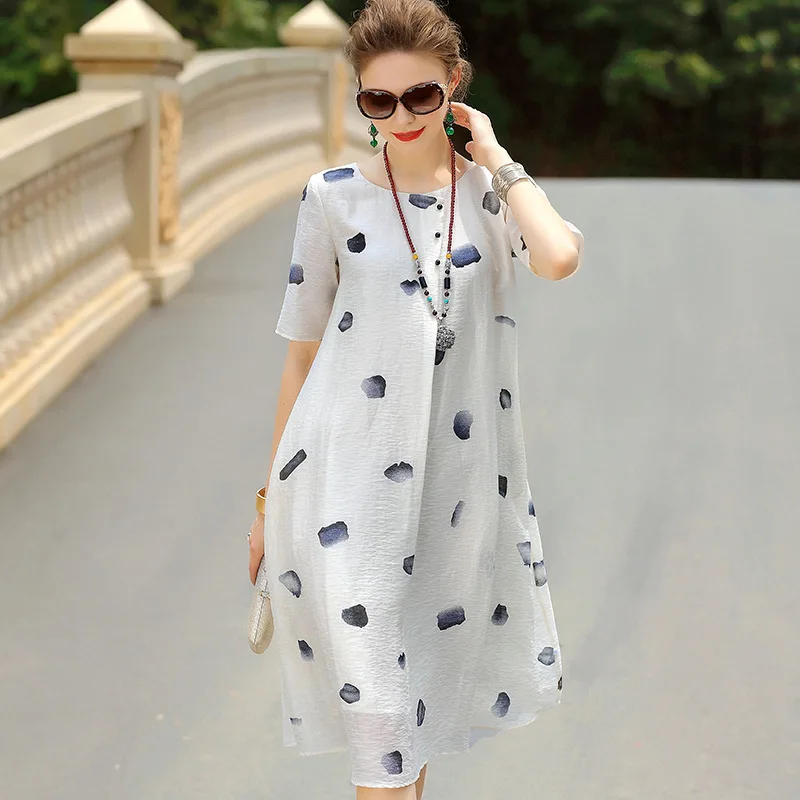 Женское льняное платье с принтом Длинное свободное белое большого размера для