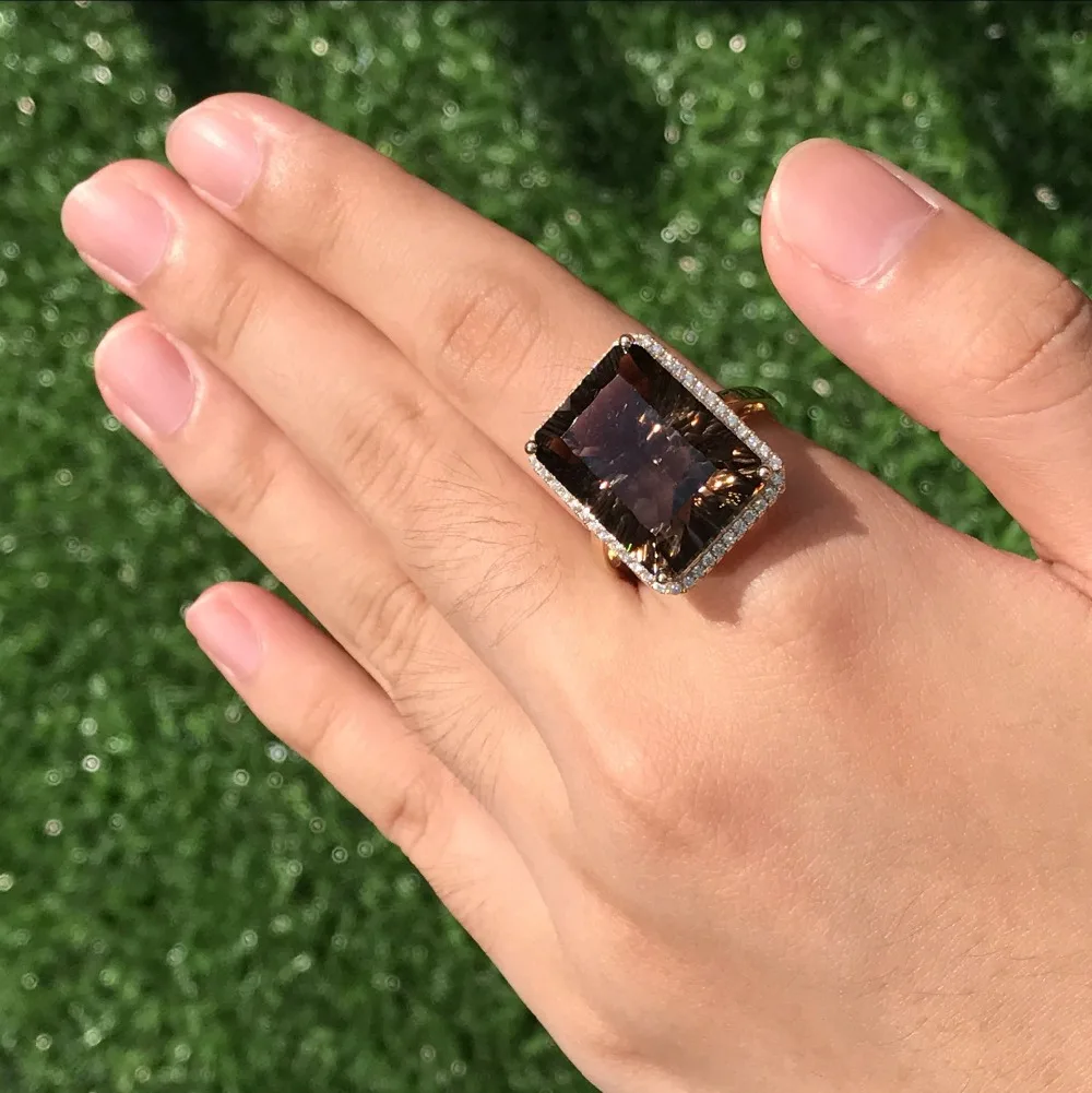 14K желтое золото 17.8CT изумрудная огранка дымчатый топаз Обручальное кольцо с бриллиантом