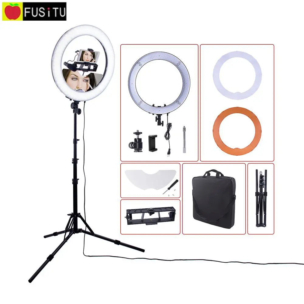 Fusitu 18 дюймов фотографический светильник ing Dimmable светодиодный видео кольцо с фотографией светильник зеркало телефон и держатель камеры портрет интервью макияж