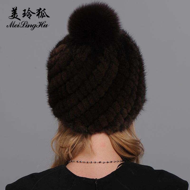 Real Mink and Fox Fur Hat Cap Top Pompoms Caps For Women New Thicken Female Winter Knitted Hats Beanies | Аксессуары для одежды