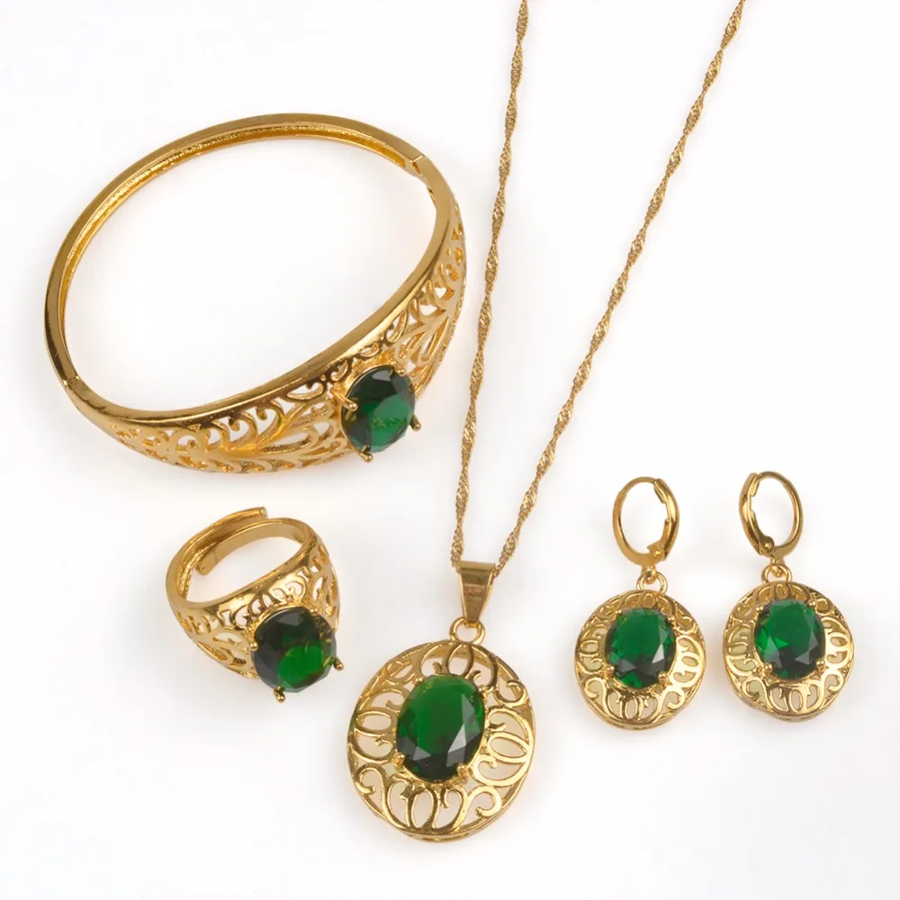 

With Stone Jewelry set for Women Necklace Earrings Ring Bangle Best Wedding Party Gifts #J0006