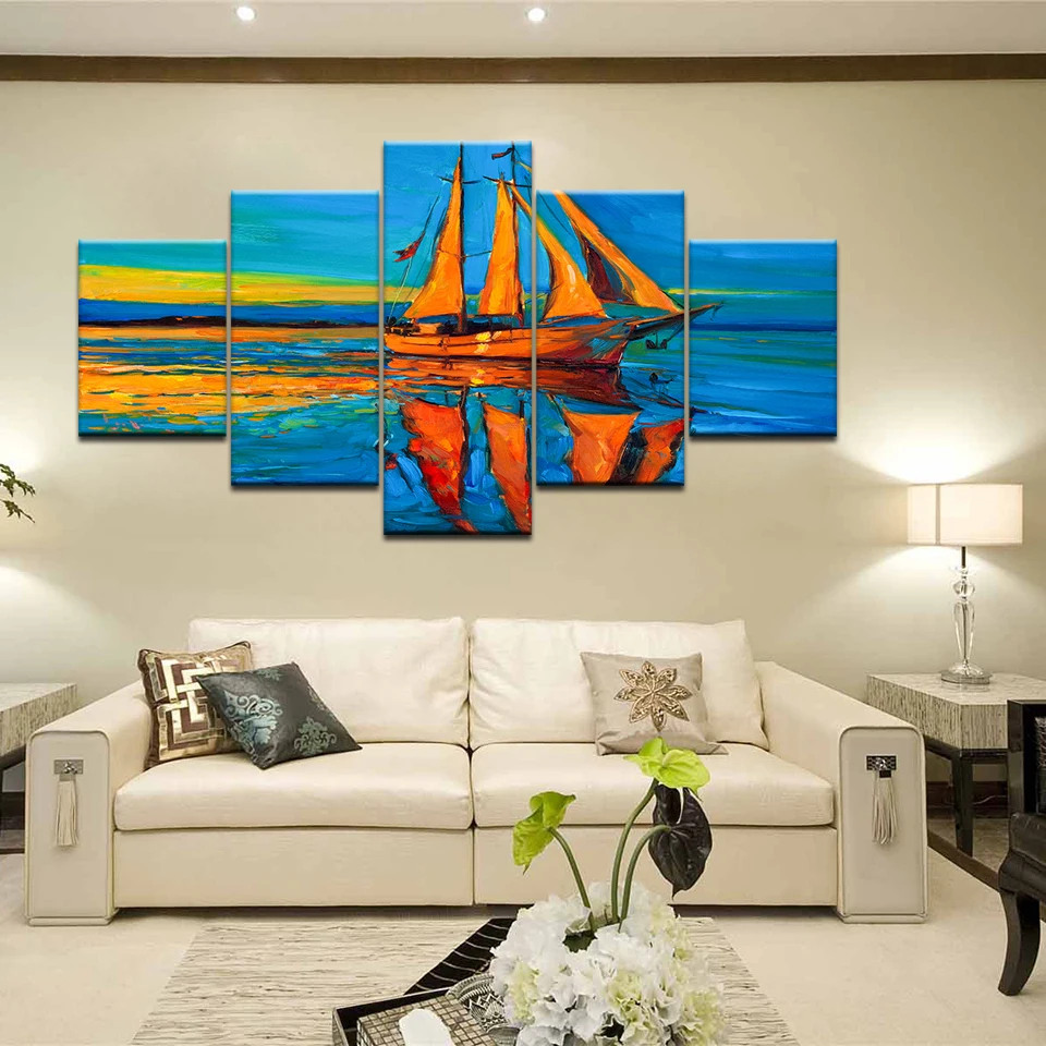 Настенная Картина на холсте с рамкой 5 шт. корабль лодка Ashore морской рассвет