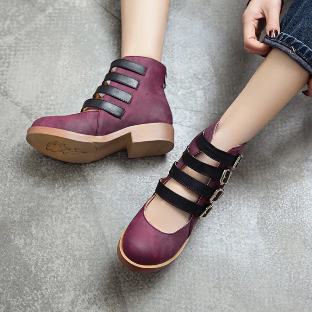 Spring Summer New Women's Summer Retro Ankle Buckle Back Zipper Square Heel Shoes Fashion Sandals for Women Streetwear
