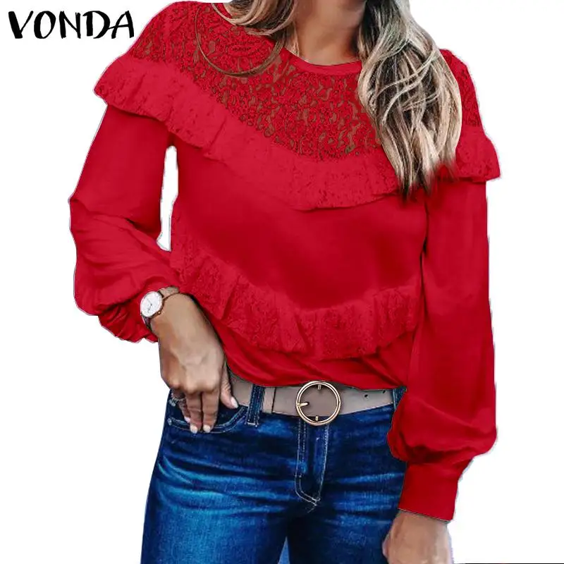 VONDA, женская блузка, сексуальные, с вырезами, топы, с длинным рукавом, рубашки, весна-осень, блузки, вечерние, кружевные, блузы, повседневные, OL, туника размера плюс