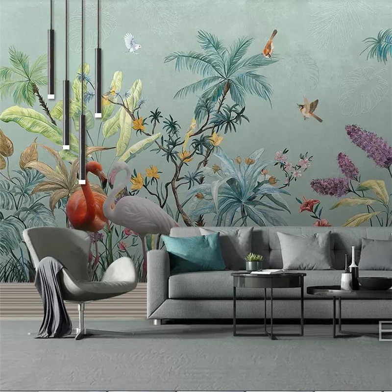

wellyu Hand-painted tropical rainforest flowers and birds background wall custom large murals environmental wallpaper