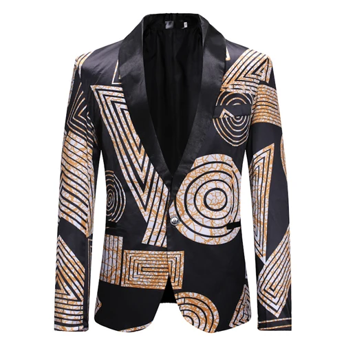Black Stylish Geometric Print One Button Blazer Jacket Men Brand Shawl Collar Slim Fit Mens Blazers Party Casual Blazer Masculino - Цвет: Black