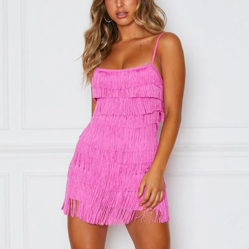 Шикарное 2019 сексуальное многослойное платье с бахромой мини Клубное облегающее