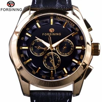 forsining 2017 retro fashion designer three dial decoration genuine leather golden men luxury brand automatic mechanical watches
