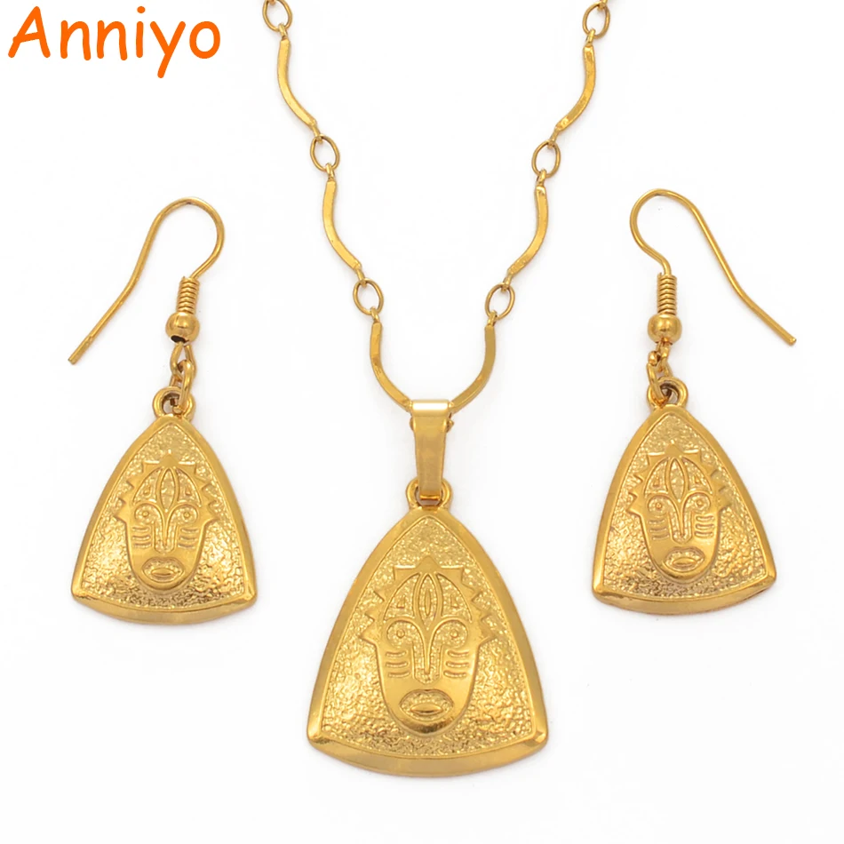 Ожерелья и серьги Anniyo с подвеской в форме маски PNG золотого цвета для