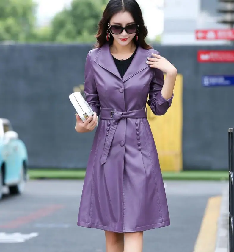 Женское длинное кожаное пальто осенне зимнее большого размера 2017|womens leather trench