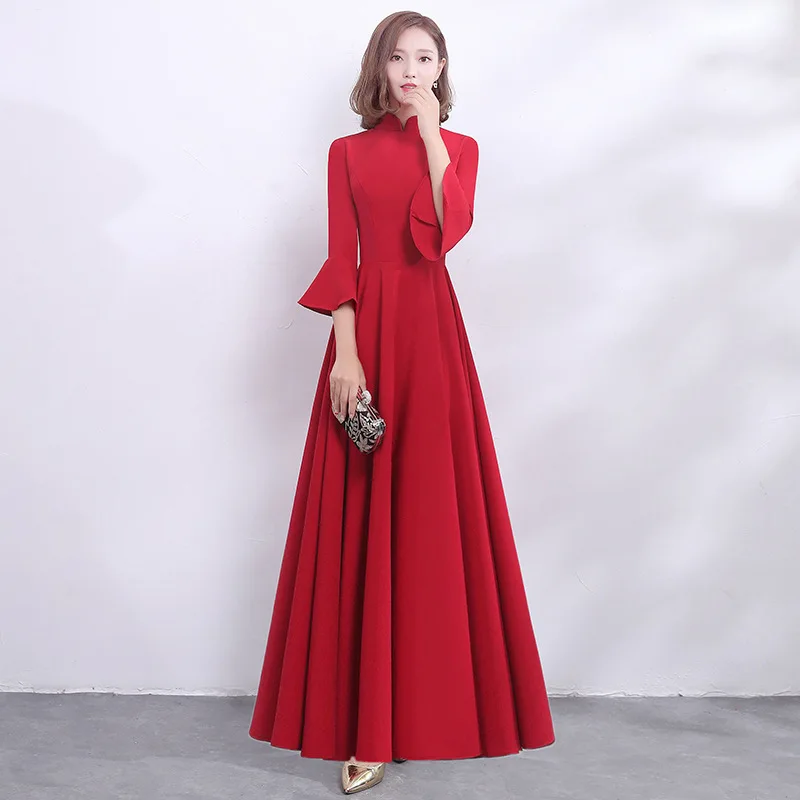 Китайское красное однотонное женское платье Cheongsam азиатские свадебные вечерние