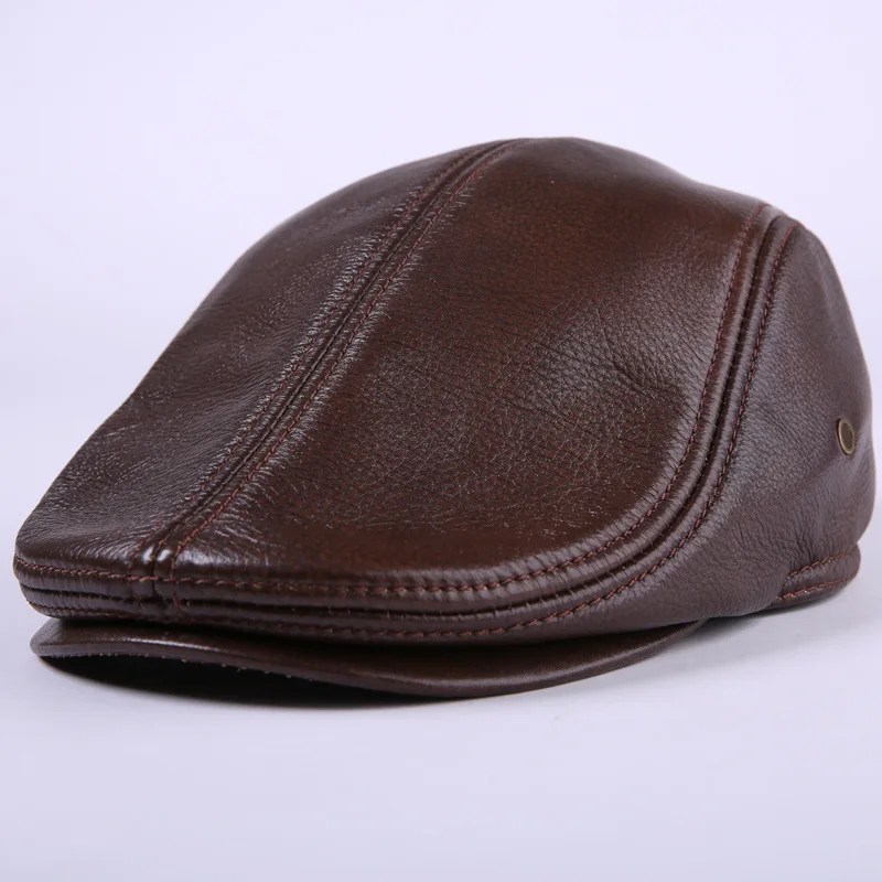 Мужская шапка из натуральной кожи, мужские шапки из воловьей кожи, остроконечная шапка для студентов, зимние шапки с защитой ушей, теплая шапка для пожилых, B-7175