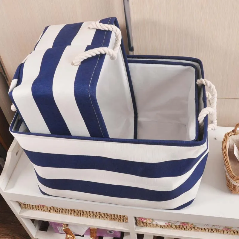 Тёмно синий органайзер для белья в полоску из хлопчатобумажной ткани|basket for