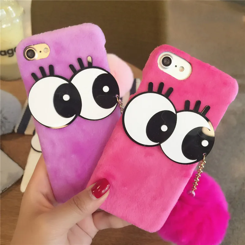 Чехол для iPhone X 8 6s Plus 7plus XR XS MAX 11Pro Ainike Big Eyes Wram с помпоном из кроличьего меха и