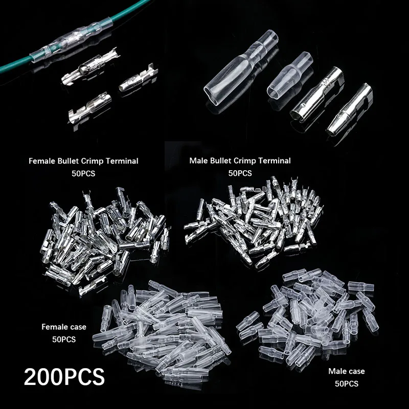 

200Pcs 4mm Bullet Crimp Terminal Kit Wire Connectors 50 female + 50 male +50 case + 50 case Crimping Terminal set