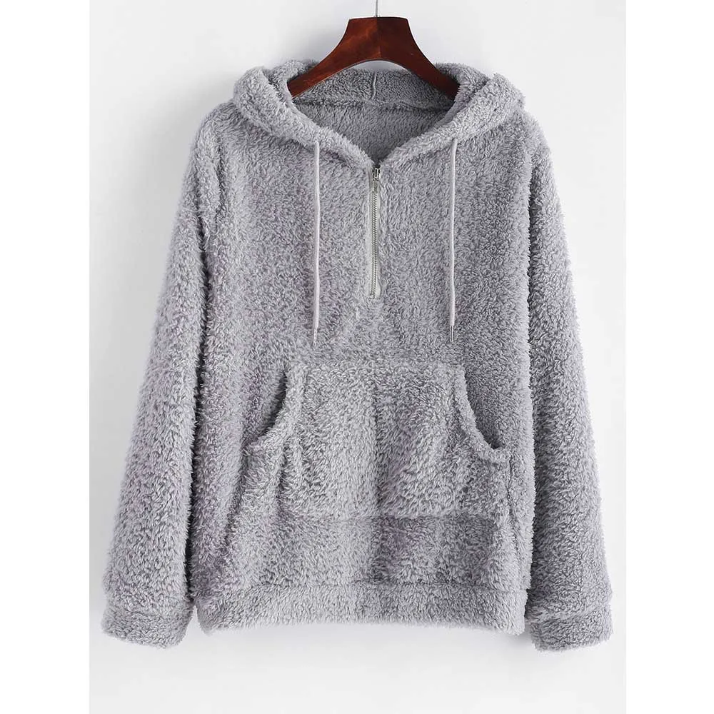 Light Gray ZAFUL пушистая Толстовка кенгуру карман половина молнии шнурок для женщин топы повседневное с капюшоном Длинные рукава свитшоты Осенняя женская одежда - Цвет: Light Gray