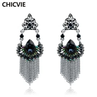 chicvie trending now statement drop earrings for women silver color tassel rhinestone metal brand jewelry gifts ser160108