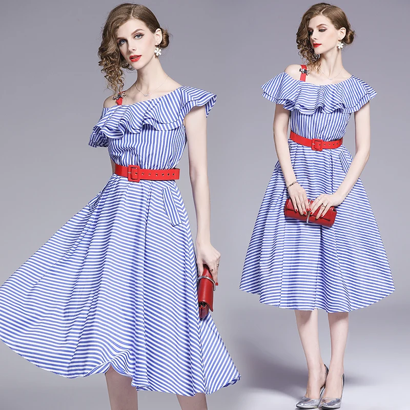 BLLOCUE Ruffled Off Shoulder Blue and White Striped dress 2019 Summer Women High Waist Midi Dress With Belt | Женская одежда