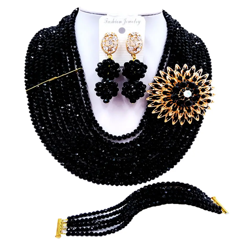 

ACZUV Classic Black Nigerian Wedding African Beads Jewelry Set Crystal Necklace and Earrings 10C-DS016