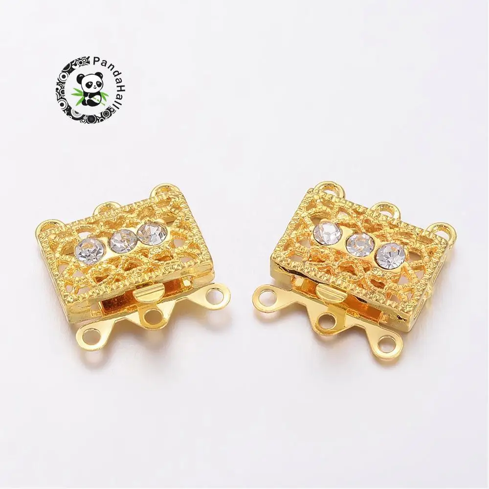 2 компл. Золотой Тон Латунь Rhinestone застежками, филигрань Box застежками, около 18 мм, 17 мм, 7 мм толщиной; отверстие: 1,5 мм