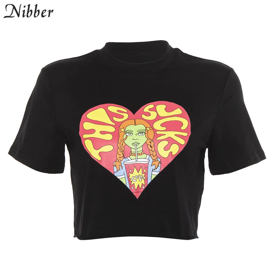 Nibber2019летняя модная футболка для девочек с принтом, короткий рукав, круглый вырез, хлопковый укороченный Топ для женщин, Повседневная Базовая черная эластичная тонкая мягкая футболка