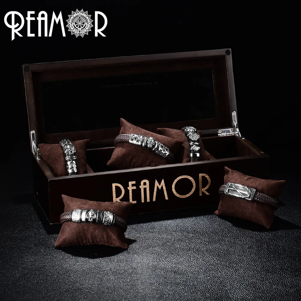 Мужской кожаный браслет REAMOR черный/коричневый из нержавеющей стали ширина 12 мм|men