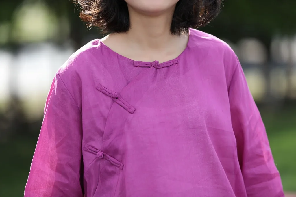 Женская Однотонная рубашка Ramie с круглым вырезом блуза топы винтажная рукавом