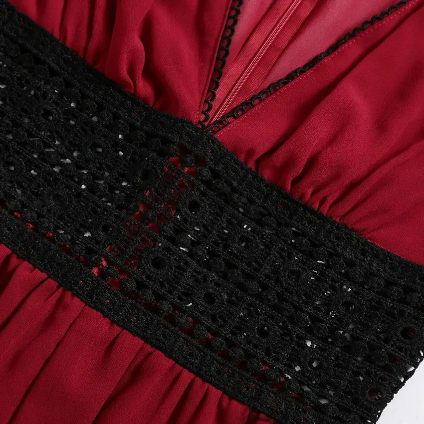 NIKOVE 2019 Autumn New Hot-selling Jumpsuit Lace Stitching V-neck Long-sleeved Women Hollow Out Beach Jumpsuits Size S-XL | Женская