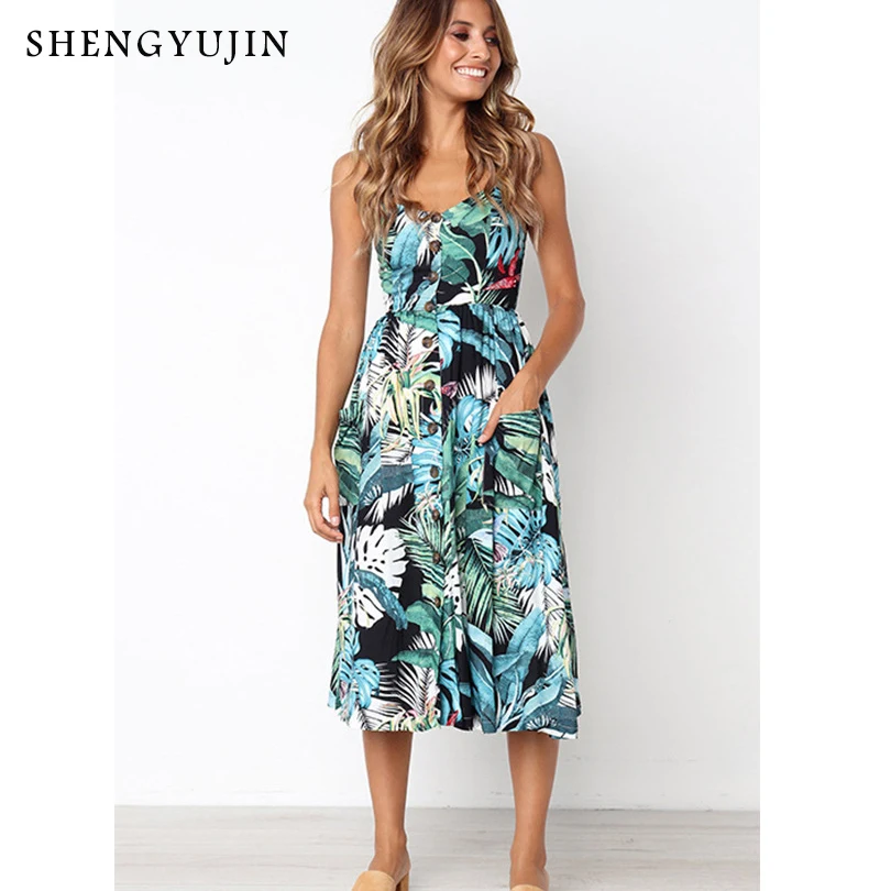 SHENGYUJIN 2019 Vintage Sexy Bohemian Floral Tunic Beach Dress Summer Women Sundress Pocket Red White Striped Female | Женская одежда