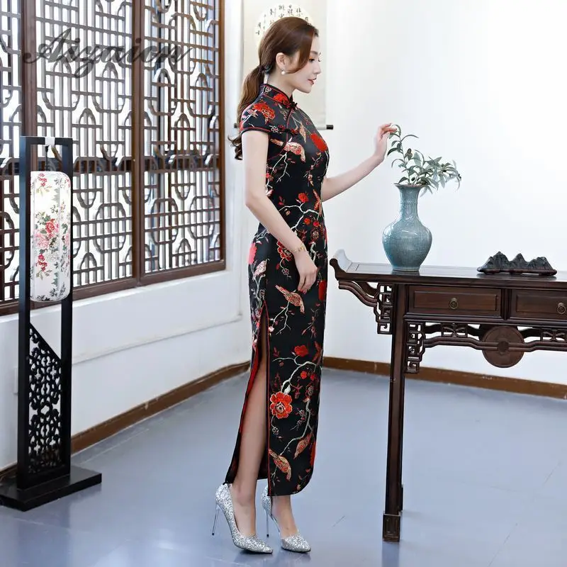 Восточный стиль ретро длинный Cheongsam черный Chinoise тонкий Qi Pao для женщин Китайская традиционная одежда платье Ципао Женская Роба в восточном стиле