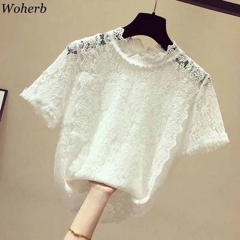 Woherb элегантное, цветочное, кружевное блузка рубашка Для женщин в Корейском стиле, модный короткий рукав Белая Блузка Летняя Открытая блуза
