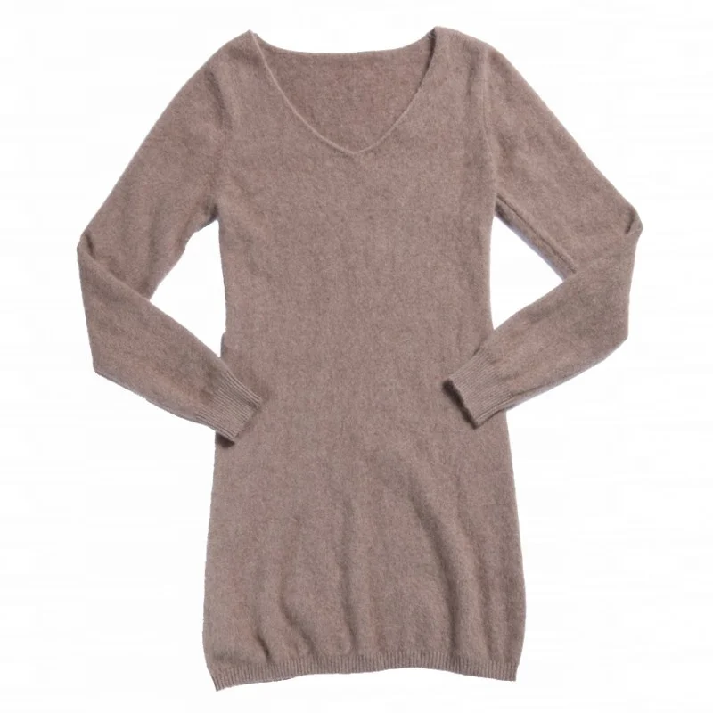 2019 new mink Cashmere bag hip sexy sweater skirt female V-neck long section bottoming knit dress Slim | Женская одежда