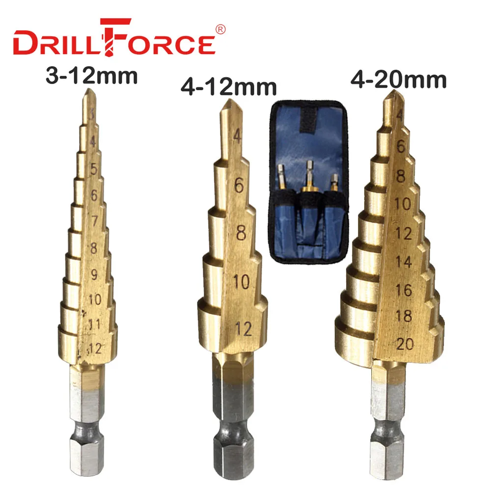 3PCS(4-12 3-12 4-20) Drillforce 3 шт. HSS шаг конус сверла набор дыра резак метрических на возраст от 4 до 12 лет/20/32 мм 1/" шестигранный хвостовик Титан металлическое ступенчатое сверло - Цвет: 3PCS(4-12 3-12 4-20)