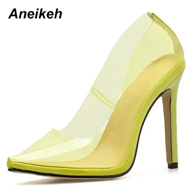 Aneikeh/ г. Милые прозрачные женские туфли-лодочки из PU искусственной кожи пикантные свадебные туфли-лодочки на тонком высоком прозрачном каблуке, без шнуровки, с острым носком желтый, розовый, 40 - Цвет: Yellow