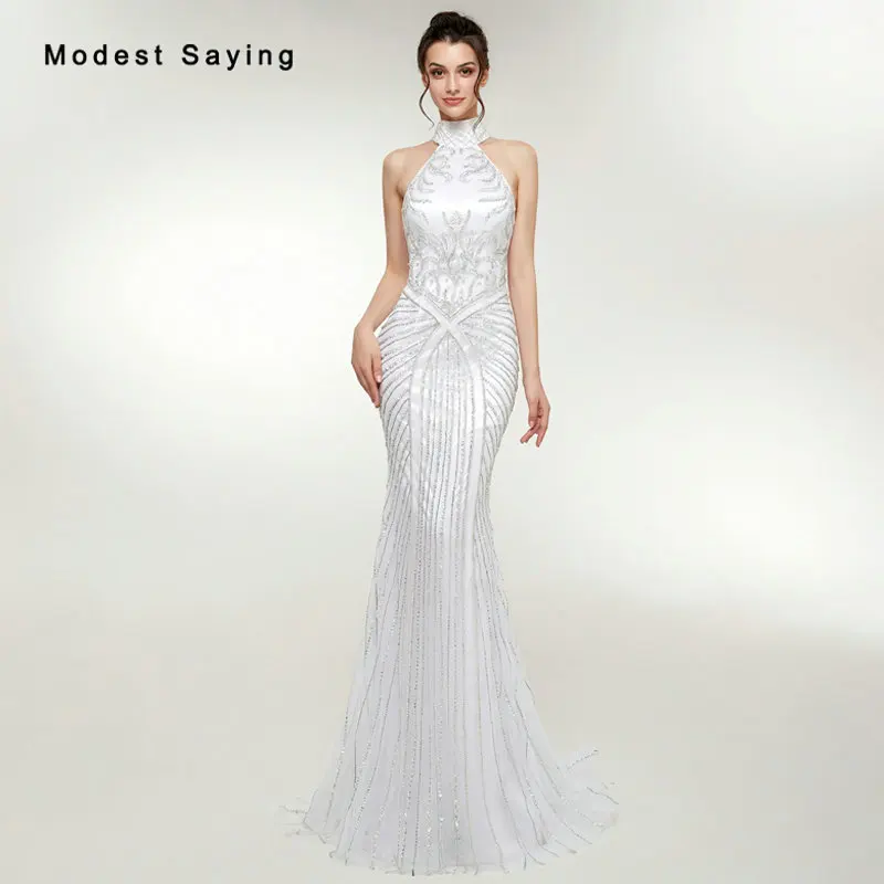

Luxury Mermaid High Collar Beaded Sparkly Evening Dresses 2018 with Crystal Elegant Formal Women Party Prom Gowns Custom Made