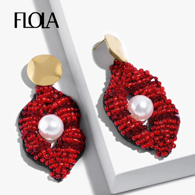 Женские серьги в стиле бохо с красными губами FLOLA модные бусинами и жемчугом