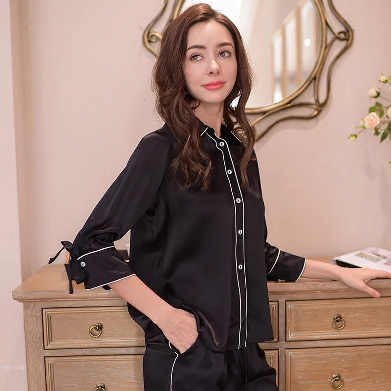 Genuine Silk Women's Pajamas 100% Silk Sleepwear Female High Quality Sexy Black Pyjama Pants Two-Piece Sets T8148