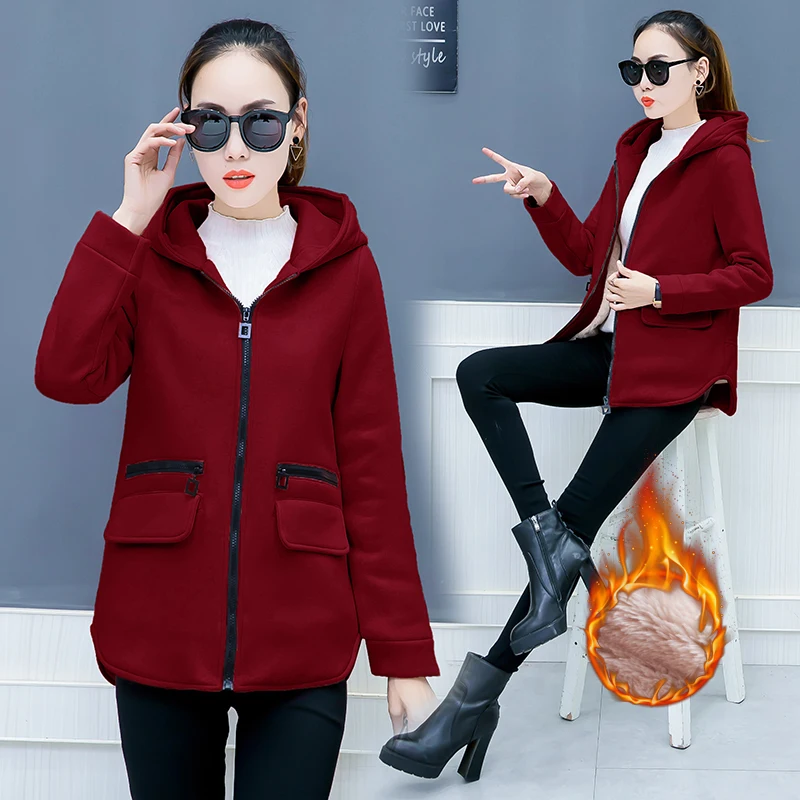 

new women's clothing fall and winter of hooded fleece loose leisure and velvet zipper long-sleeve casual clothes