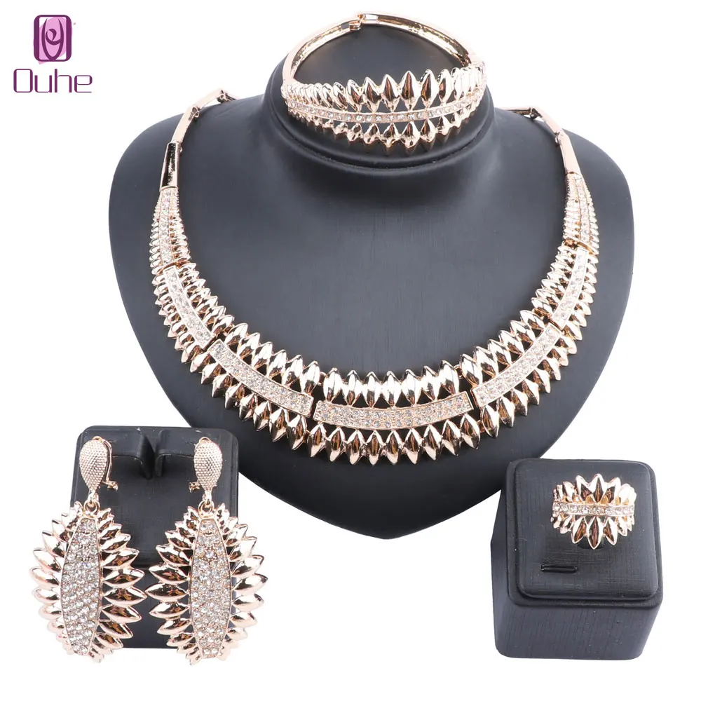 

Woman Dubai Gold Color Crystal Jewellry Set Brand Nigerian Wedding Statement Necklace Earring Bangle Ring