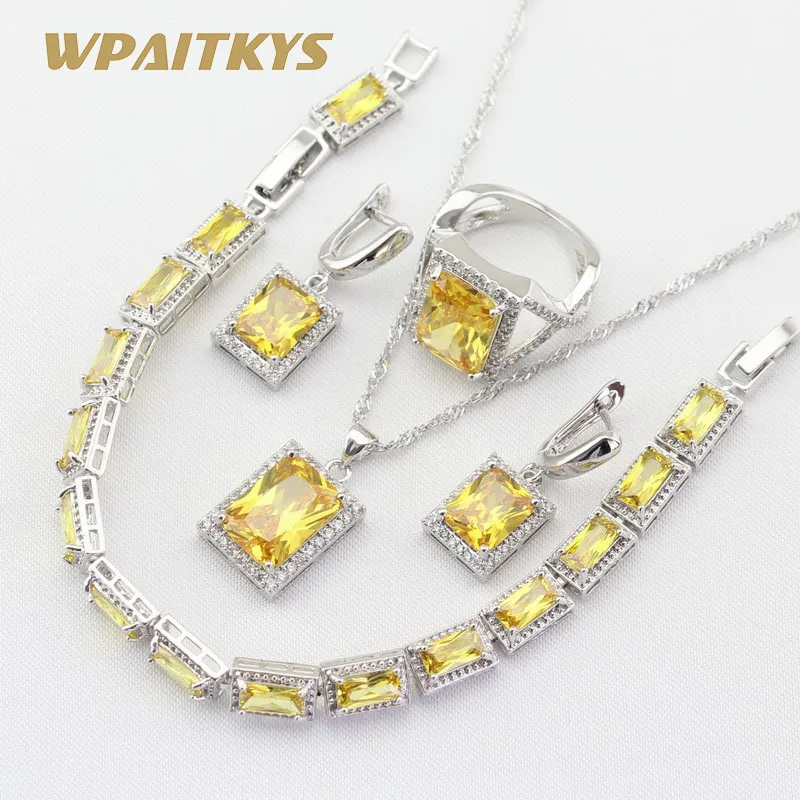 Серебро 925, ювелирные наборы для женщин, квадратный желтый кубический цирконий, ожерелье, подвеска, серьги, кольцо, браслет, подарочная коробка WPAITKYS