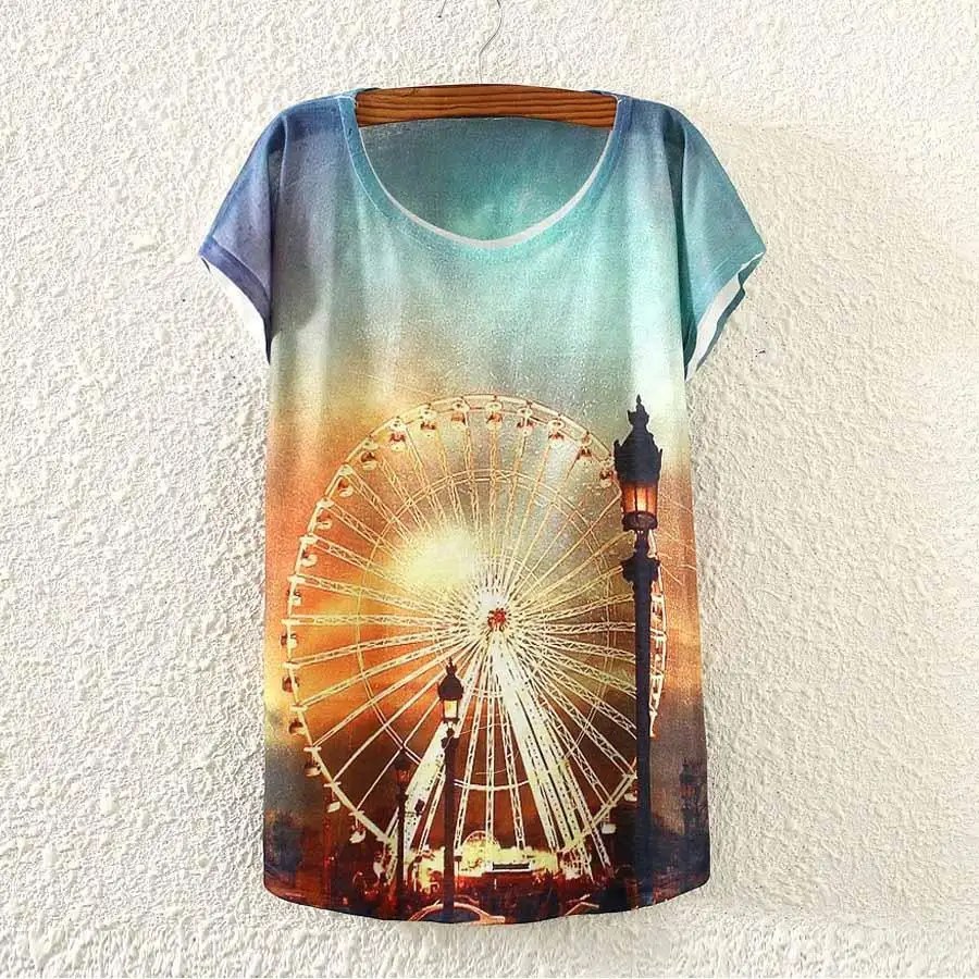 Женская футболка с принтом колесо обозрения летняя коротким рукавом 2015 модная в