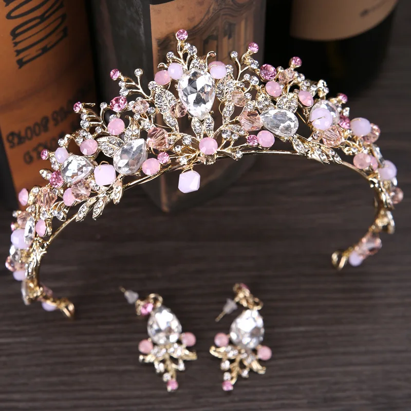 

Pink Gold Color Pearl Bridal Crowns Handmade Tiara Bride Headband Crystal Wedding Diadem Queen Crown Wedding Hair Accessories