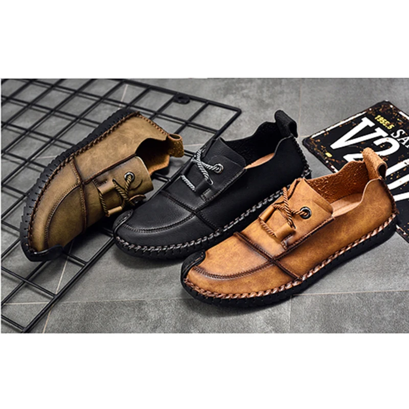 Туфли мужские кожаные ручной работы мягкие дышащие мокасины без застежки на