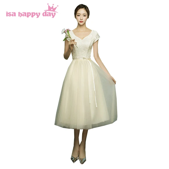 

small size customized 2020 V neck bridesmaid tea length bridesmaids dresses short tulle champagne ball gown dress H4113