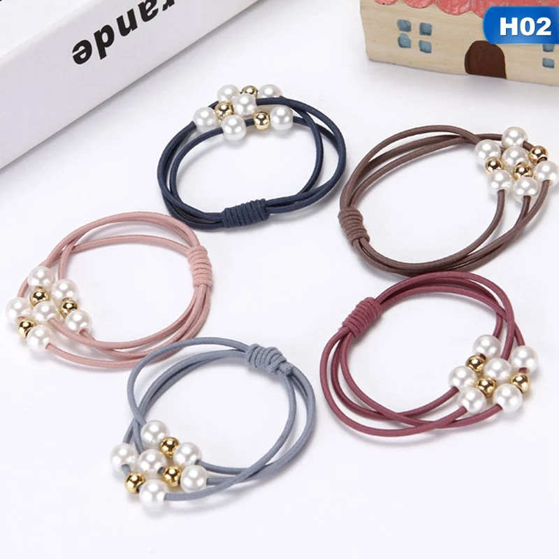 Резинка для волос с имитацией жемчуга эластичная трехслойная повязка на голову 5