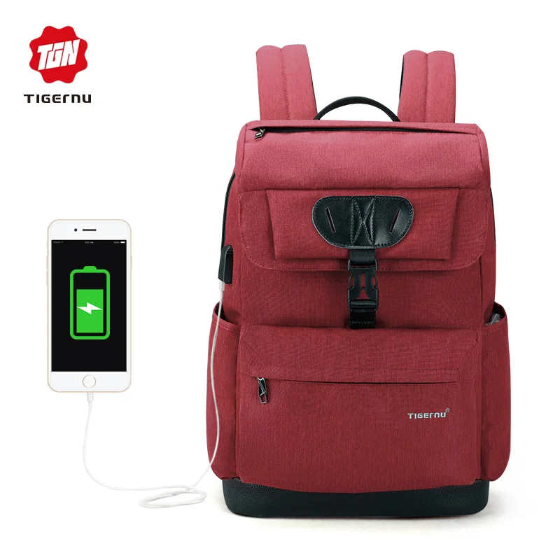 Tigernu Марка моды Тонкий женский USB зарядка Рюкзак мужской 15.6 Ноутбук Рюкзак Школьная Сумка для мальчиков, девочек Рюкзак - Цвет: Red