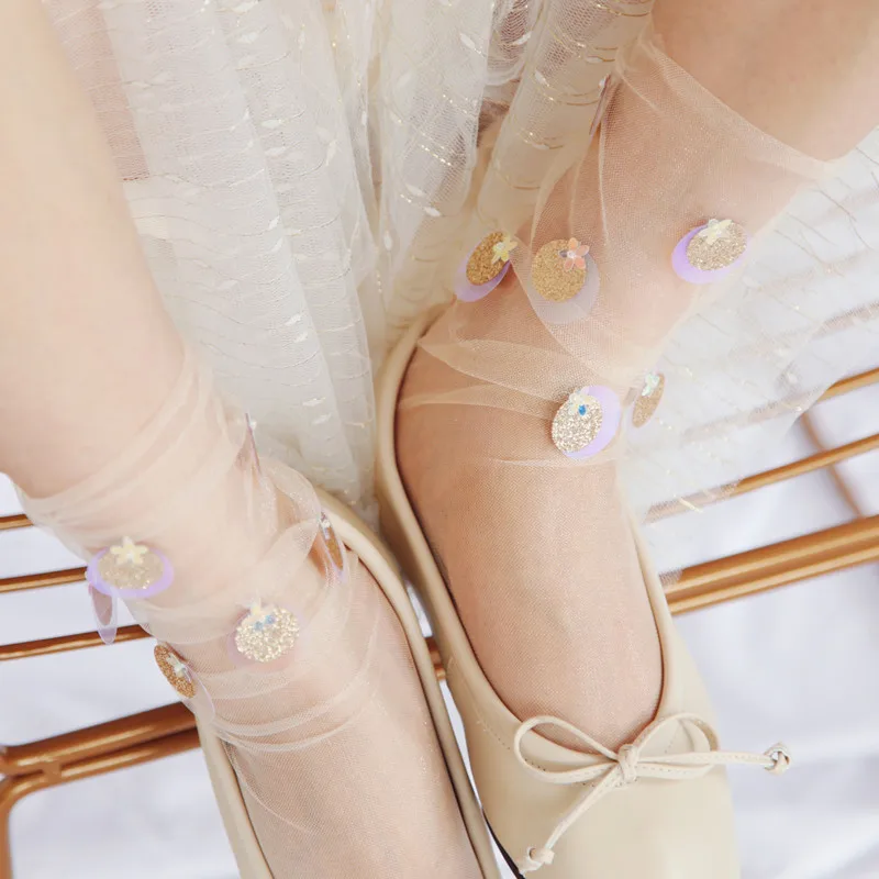 Wholesale 60 Pairs Women's Handmade Sequins Socks Lady Girl's Transparent Mesh Shiny Transparent Socks Sox Glitter Sock Hosiery